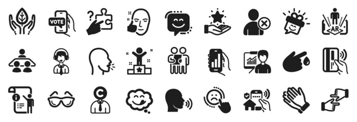 Set of People icons, such as Online voting, Manual doc, Survey icons. Winner, Contactless payment, House security signs. Presentation, Blood donation, Copyrighter. Delete user, Yummy smile. Vector