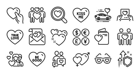 Fototapeta na wymiar Love couple, Be good and Male female line icons set. Secure shield and Money currency exchange. Kiss me, Hold heart and True love icons. Couple, Dating chat and Heart signs. Honeymoon travel. Vector