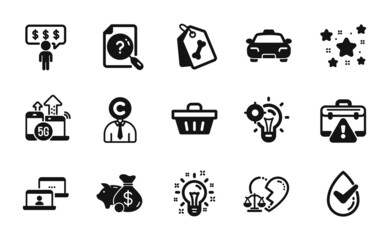 Vector set of Dermatologically tested, Taxi and Warning briefcase icons simple set. Piggy bank, Divorce lawyer and Idea icons. Employee benefits, Pet tags and Stars signs. Vector