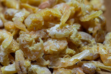 Pile of Dried shrimp with a little shell, food preservation.Macro photography,Texture of dried sea food.Homemade,Product of Thailand.