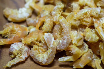 Pile of Dried shrimp with a little shell, food preservation.Macro photography,Texture of dried sea food.Homemade,Product of Thailand.