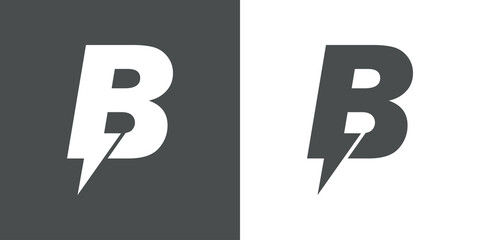 Símbolo energía eléctrica. Logotipo con letra inicial B con forma de relampago en fondo gris y fondo blanco