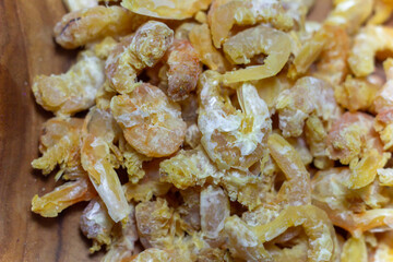 Pile of Dried shrimp with a little shell, food preservation.Macro photography,Texture of dried sea food.Homemade,Product of Thailand.