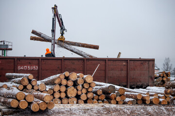 a worker on a manipulator puts lumber into a railroad car in a warehouse