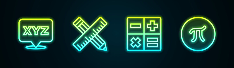 Obraz premium Set line XYZ Coordinate system, Crossed ruler and pencil, Calculator and Pi symbol. Glowing neon icon. Vector