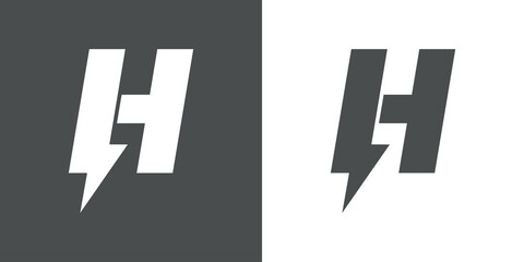 Símbolo energía eléctrica. Logotipo con letra inicial H con forma de relampago en fondo gris y fondo blanco