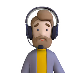 Call center staff talking and provide services to customers via headphones and microphone cable. Call center, customer support, telemarketing agents. Trendy 3d illustration.