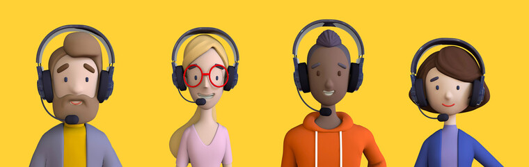 Call center agents avatars collection set. Call center, customer support, telemarketing agents. 3D render style cartoon portraits set.
