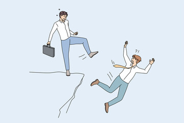 Businessman kick throw male colleague off cliff or hill. Man eliminate rival coworker at workplace. Rivalry and competition concept. Cheating competitor or partner. Flat vector illustration. 