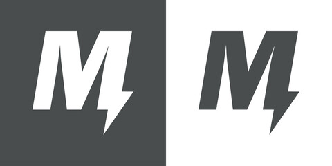 Símbolo energía eléctrica. Logotipo con letra inicial M con forma de relampago en fondo gris y fondo blanco