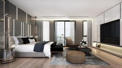 The modern interior design and cozy bedroom and furniture decoration  