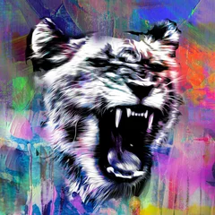 Poster Colorful artistic tiger muzzle with bright paint splatters © reznik_val