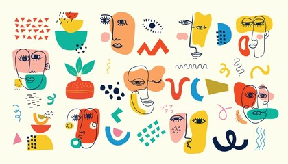 Big Set of Different colored Vector illustartions for posters in Cartoon Flat design. Hand drawn Abstract shapes, faces, different texture funny Comic characters.