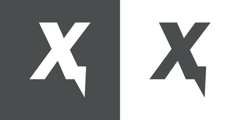 Símbolo energía eléctrica. Logotipo con letra inicial X con forma de relampago en fondo gris y fondo blanco