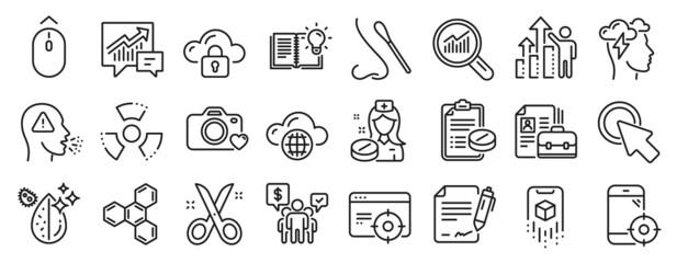 Fototapeta na wymiar Set of Science icons, such as Photo camera, Medical prescription, Chemical hazard icons. Augmented reality, Nasal test, Nurse signs. Accounting, Teamwork, Seo targeting. Data analysis. Vector