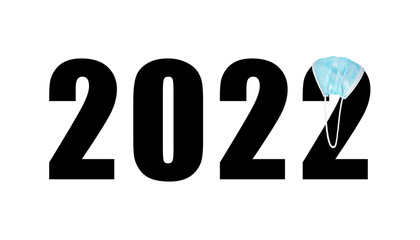2022 with medical mask for protection against covid on white background