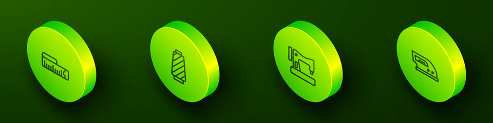 Set Isometric line Tape measure, Sewing thread on spool, machine and Electric iron icon. Vector
