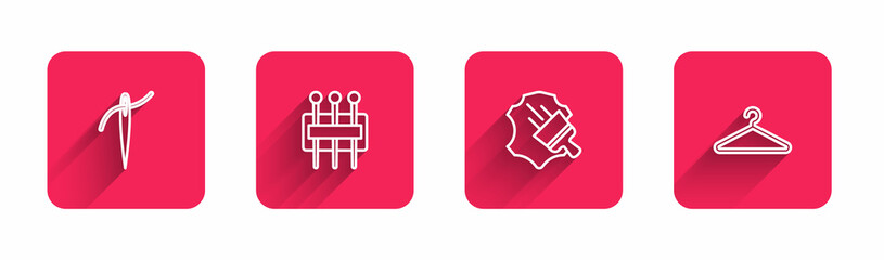 Set line Needle with thread, for sewing, Leather and Hanger wardrobe with long shadow. Red square button. Vector