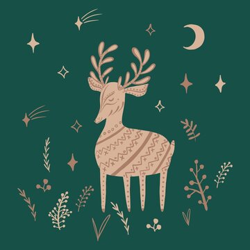 Set of Christmas deer, plants, stars