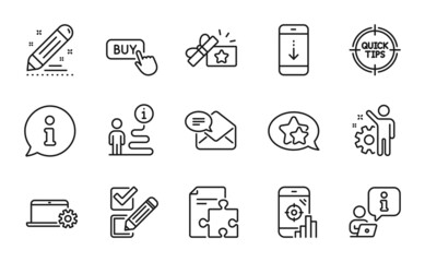 Technology icons set. Included icon as Notebook service, Checkbox, New mail signs. Tips, Star, Strategy symbols. Buy button, Brand contract, Seo phone. Employee, Scroll down, Loyalty gift. Vector