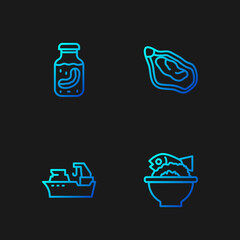 Set line Served fish on a bowl, Fishing boat, Sea cucumber jar and Mussel. Gradient color icons. Vector