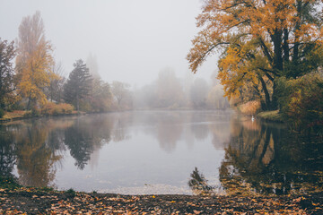 Fog on lake. Rising mist on water surface in autumn. Beautiful peaceful and atmospheric view. Vienna, Austria