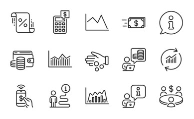 Finance icons set. Included icon as Phone payment, Calculator, Wallet money signs. Meeting, Donation money, Budget accounting symbols. Loan percent, Update data, Infographic graph. Vector
