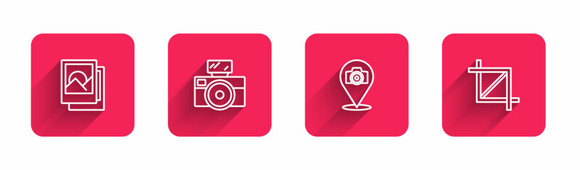 Set line Photo frame, camera with flash, and Picture crop photo with long shadow. Red square button. Vector