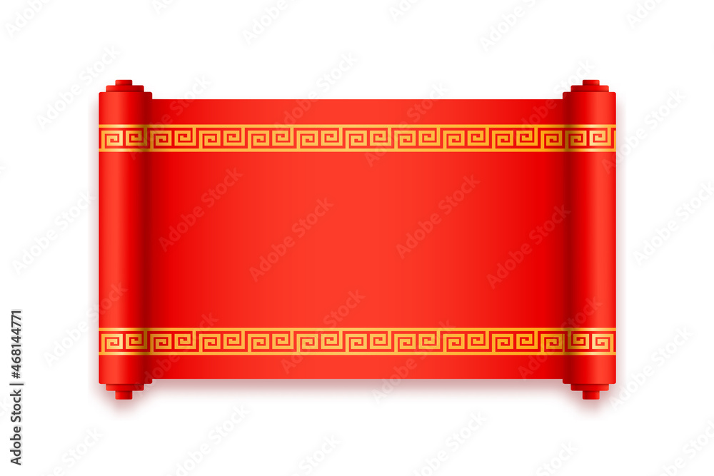 Poster chinese new year scroll with traditional golden ornamental elements on red background. vector holida