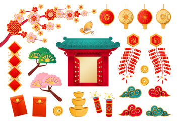Japanese temple with open gates, set of papercuts, hanging lanterns and sakura blossom. Pine trees and firecrackers, clouds and gold bars, red hongbao confers and butterfly. Culture and landmark - obrazy, fototapety, plakaty