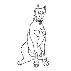Linear art. Doberman is sitting. Dog with a collar. Drawing for logo, print, sticker, design element. Black and white vector illustration isolated on white background.