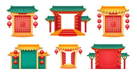 Japanese and Chinese architecture and religious buildings, isolated set of castles with open gates, temples with hanging paper lanterns and columns, steps and paths. CNY holiday celebrations