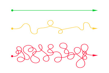 Straight and curved chaotic lines from start to finish points. Expectation and reality, easy and hard way concept. Different plans or life scenario symbols. Simple vector flat illustration.