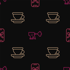 Set line Barber online service or platform, Coffee cup and Hairdresser pistol spray bottle on seamless pattern. Vector