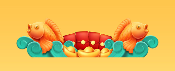 CNY carp or koi fish on waves with gold bars and wealth, red hongbao envelopes and 3d effect. Isolated chinese traditional art, aquatic animal and symbol of fortune and luck. Vector illustration