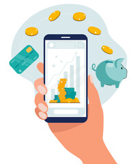 Business investment, money saving and management, financial trade design concept. Hand with smartphone, growing profit chart, piggy bank, gold coins, banknotes. Vector illustration.
