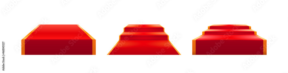Poster podiums or pedestals with steps and red carpet material, isolated set of place for presentation or c