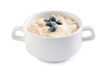 Tasty oatmeal porridge with blueberries in bowl on white background