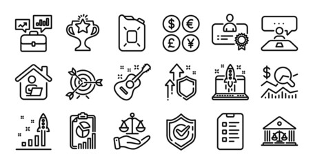 Development plan, Justice scales and Business portfolio line icons set. Secure shield and Money currency exchange. Victory, Canister oil and Certificate icons. Vector