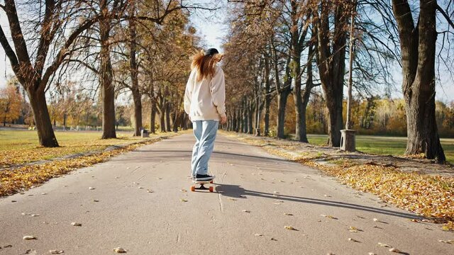 Female skateboarder beginer learns to ride a long skate in a city park. Skateboarding training. Back view, autumn sunny day