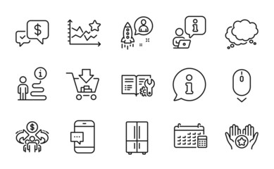 Technology icons set. Included icon as Favorite, Engineering documentation, Scroll down signs. Payment received, Sharing economy, Ranking stars symbols. Speech bubble, Startup, Calendar. Vector