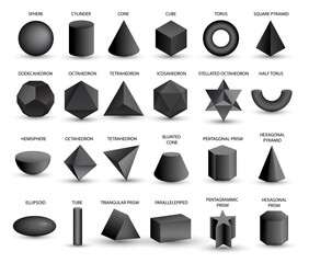 realistic 3D black geometric shapes isolated on white background. Maths geometrical figure form, realistic shapes model. Platon solid. Geometric icons, logos for education, business, design. - obrazy, fototapety, plakaty