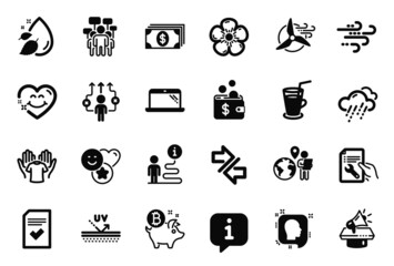 Vector Set of Business icons related to Cocktail, Business way and Voting campaign icons. Natural linen, Smile and Smile face signs. Bitcoin coin, Water drop and Windmill turbine. Laptop. Vector
