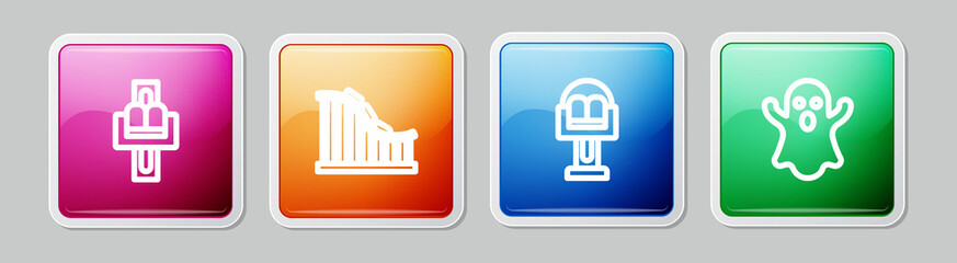 Set line Attraction carousel, Roller coaster, and Ghost. Colorful square button. Vector