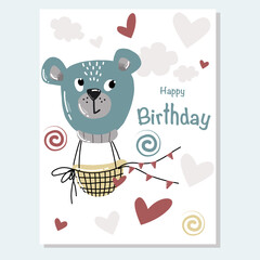 Vector cute greeting card for birhday with teddy bear face air balloon and clouds, heart on white background