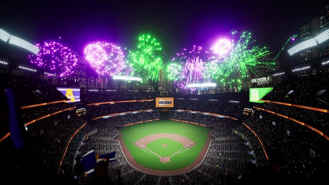 Colorful firework show on baseball park arena final championship major league with animated fan crowd. High quality 4k footage