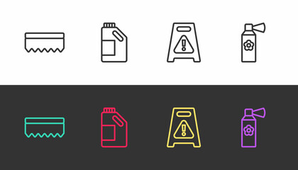 Set line Sponge, Bottle for cleaning agent, Wet floor and Air freshener spray bottle on black and white. Vector