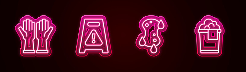Set line Rubber gloves, Wet floor, Sponge and Bucket with foam. Glowing neon icon. Vector
