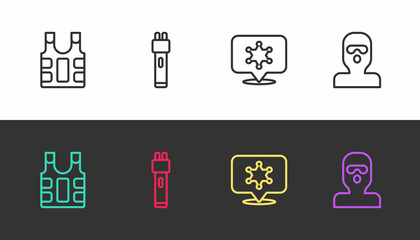 Set line Bulletproof vest, Police electric shocker, Hexagram sheriff and Thief mask on black and white. Vector