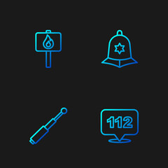 Set line Telephone call 112, Telescopic baton, Protest and British police helmet. Gradient color icons. Vector